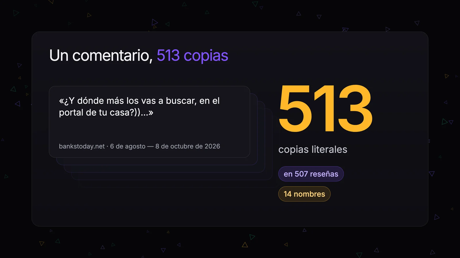 Una pila de comentarios idénticos «¿Y dónde más los vas a buscar…?» y el recuento: 513 copias literales bajo 507 reseñas con 14 nombres